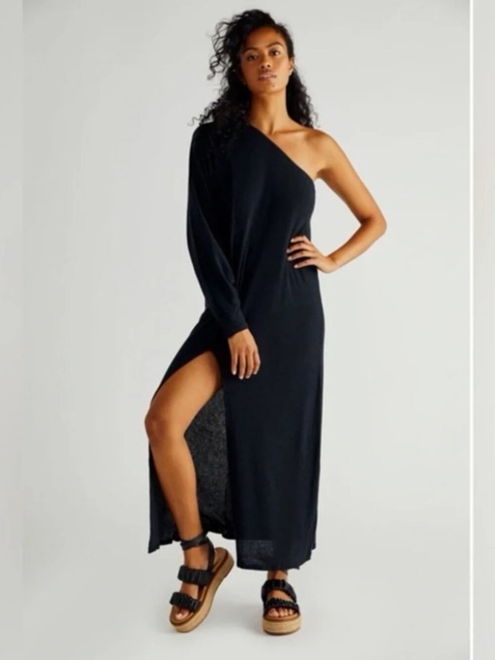 Free People FP Beach L Dark Blue Kara One Shoulder Midi Dress Front Slit